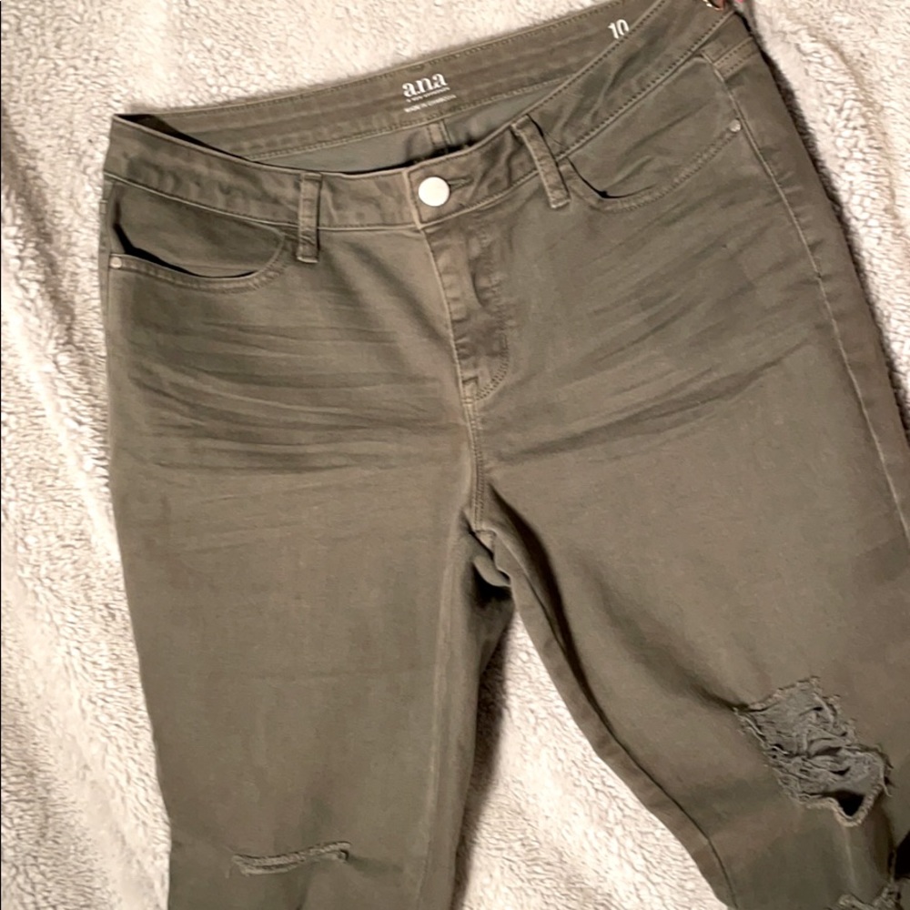 Olive skinny distressed jeans